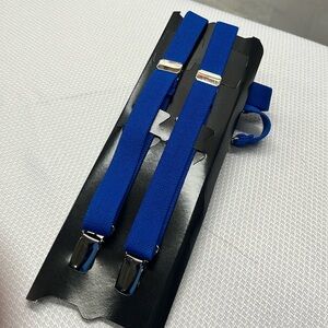 Suspenders. 36 inch, 1/2 inch wide. One size fits most. Buckles on front.